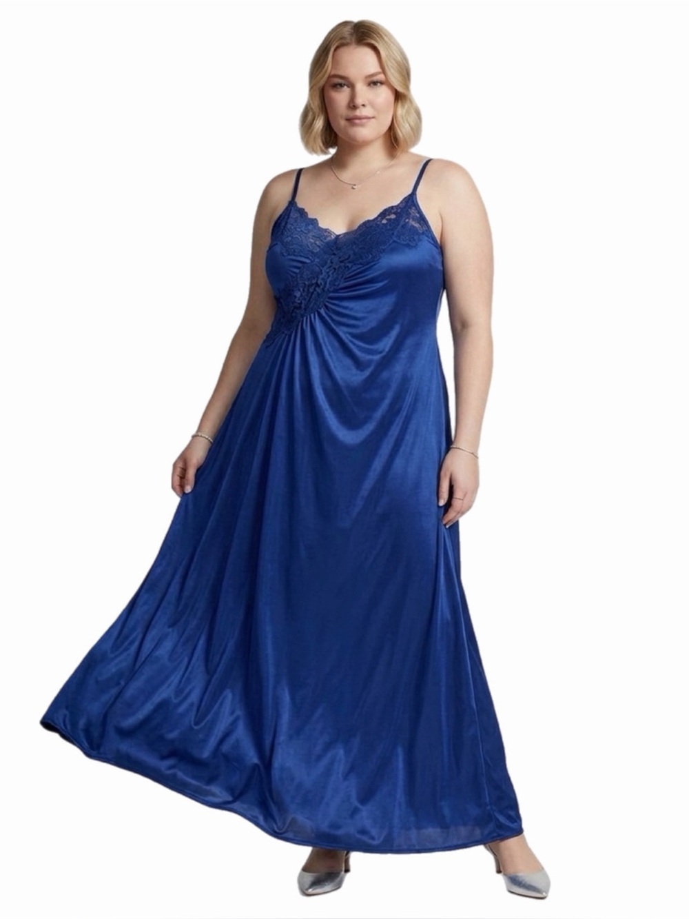 70s European Vintage Triumph Silky Ruched Lace Maxi Slip Dress (Blue) Size L/XL